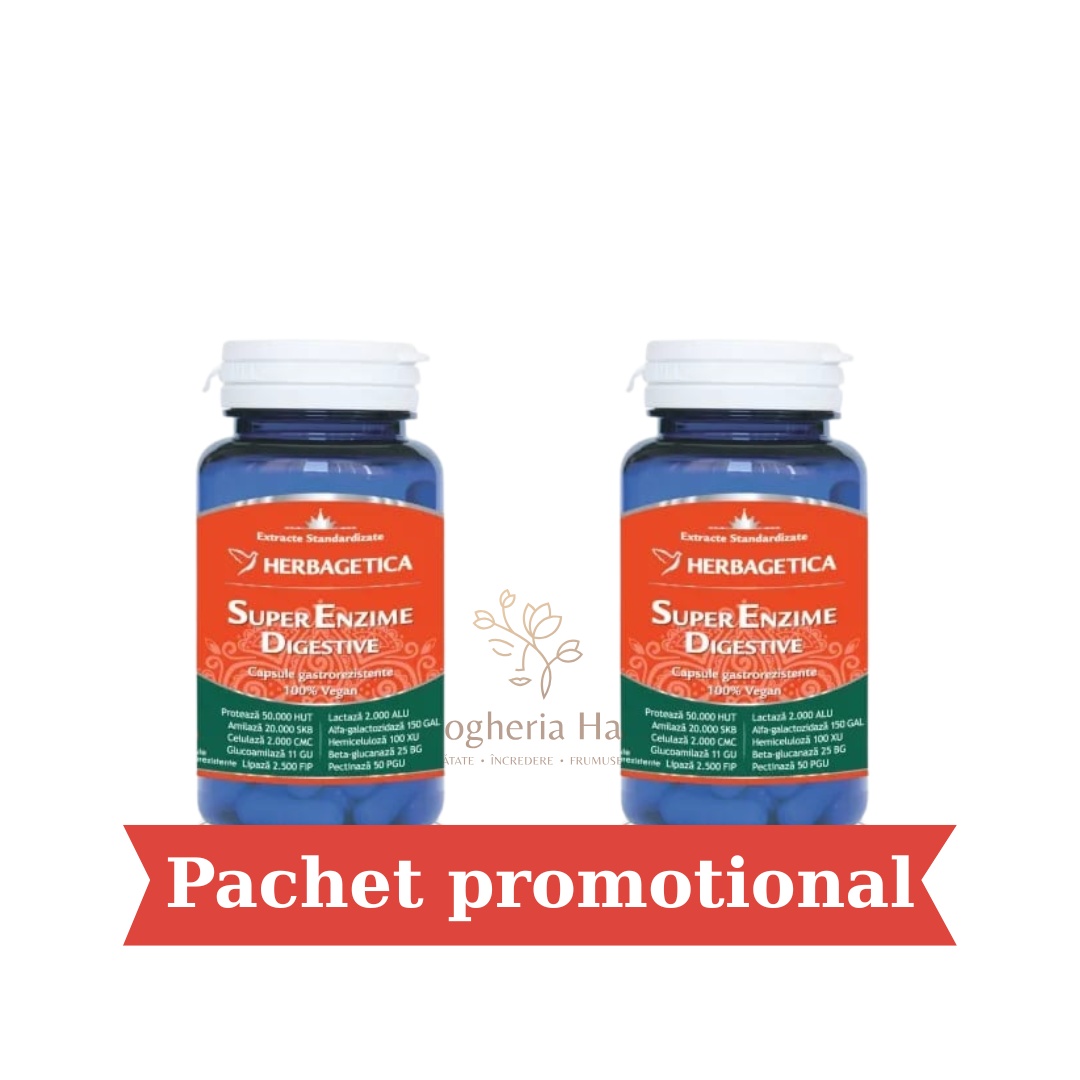 Pachet Super Enzime Digestive, 60 + 60 capsule,Herbagetica