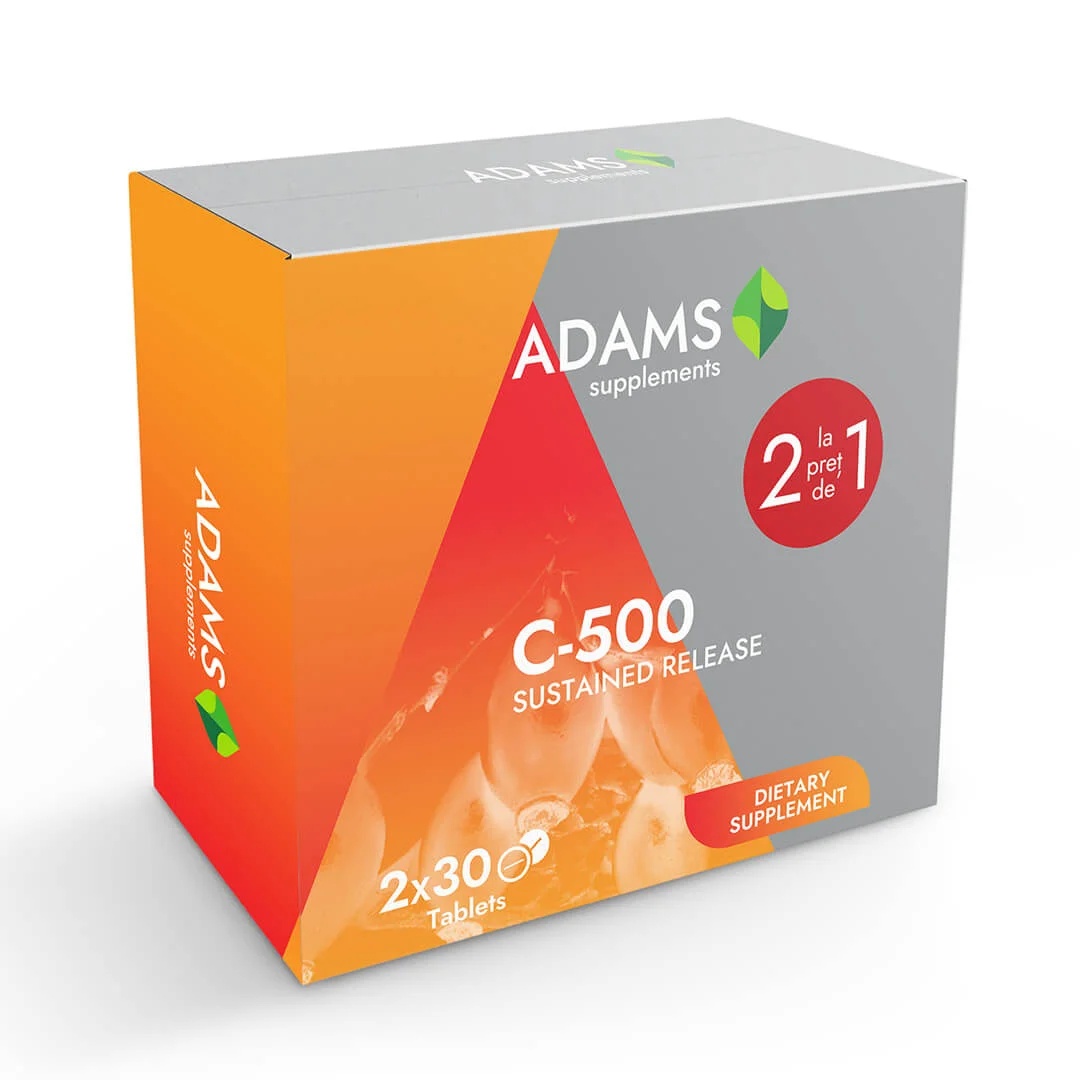 Pachet Vitamina C-500 cu macese, 30+30 tablete, Adams