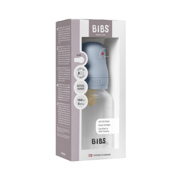 Set complet biberon anticolici din sticlă cu tetină din latex, 150 ml, 5016231 Baby Blue, Bibs