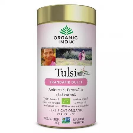 Ceai Bio Tulsi Trandafir Dulce Antistres, 100 g, Organic India