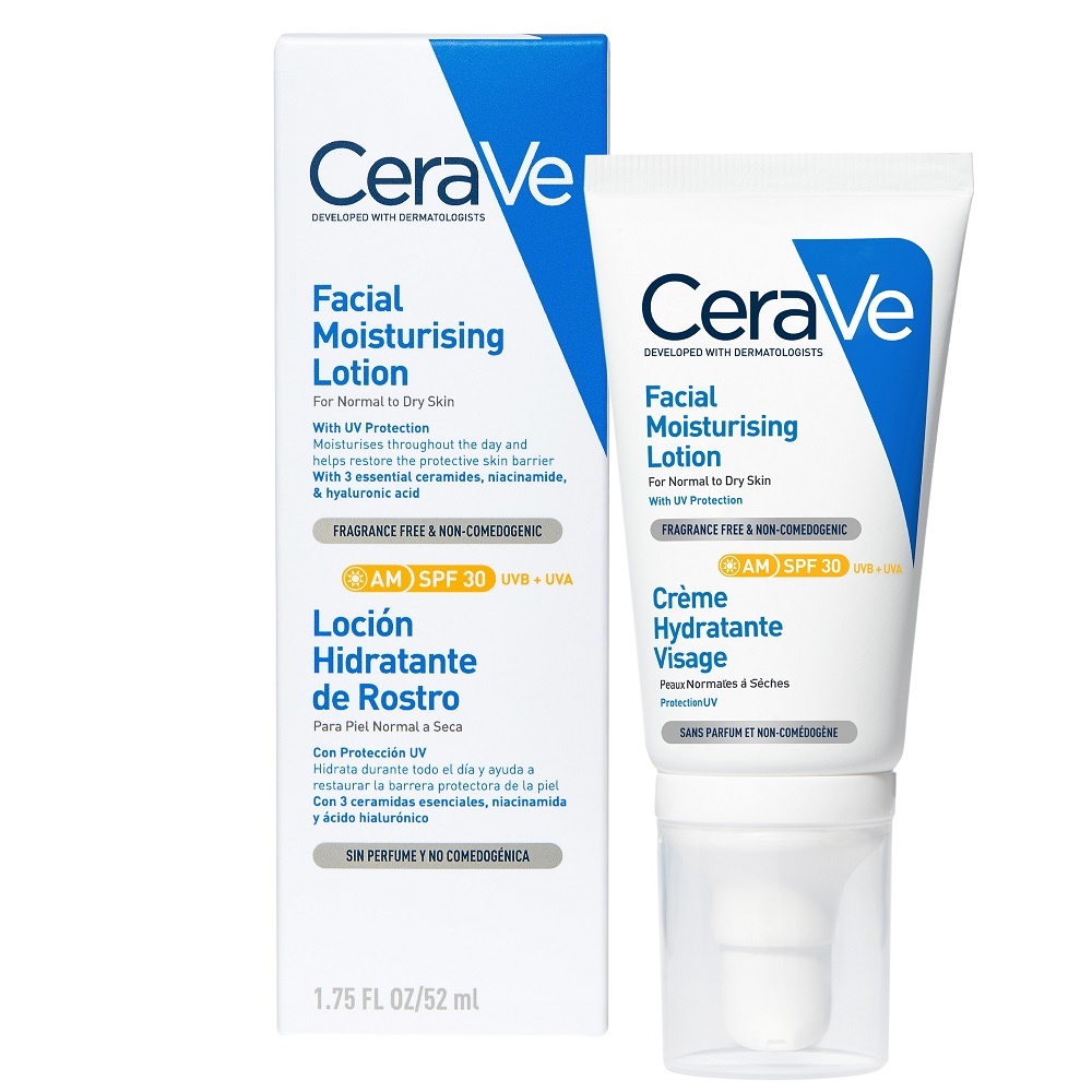 Crema hidratanta de fata cu protectie solara SPF30 si ceramide pentru ten normal-uscat, 52ml, CeraVe