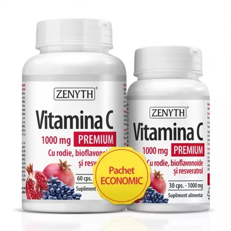 Pachet Vitamina C Premium cu rodie, 1000mg, 60+30 capsule cadou, Zenyth
