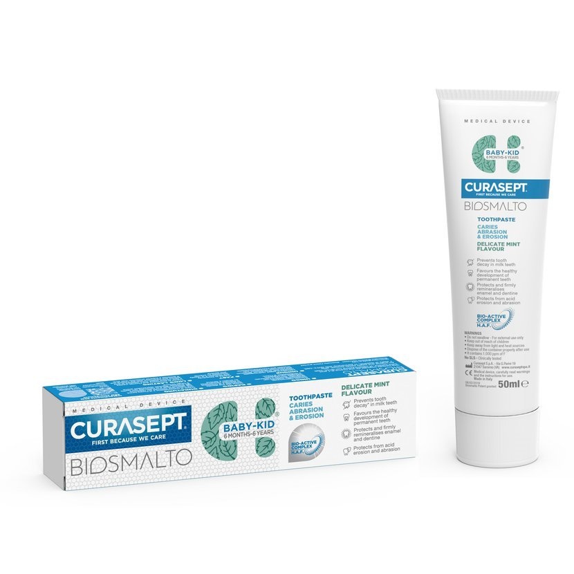 Pasta de dinti cu fluor pentru copii de la 6 luni - 6 ani Biosmalto Baby-Kid, cu aroma de menta, 50 ml, Curasept