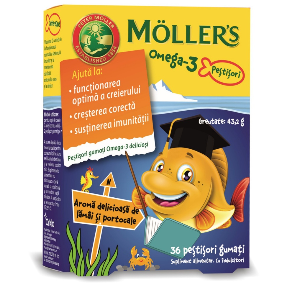 Pestisori gumati Omega 3 cu aroma de lamai si portocale, 36 jeleuri, Moller's