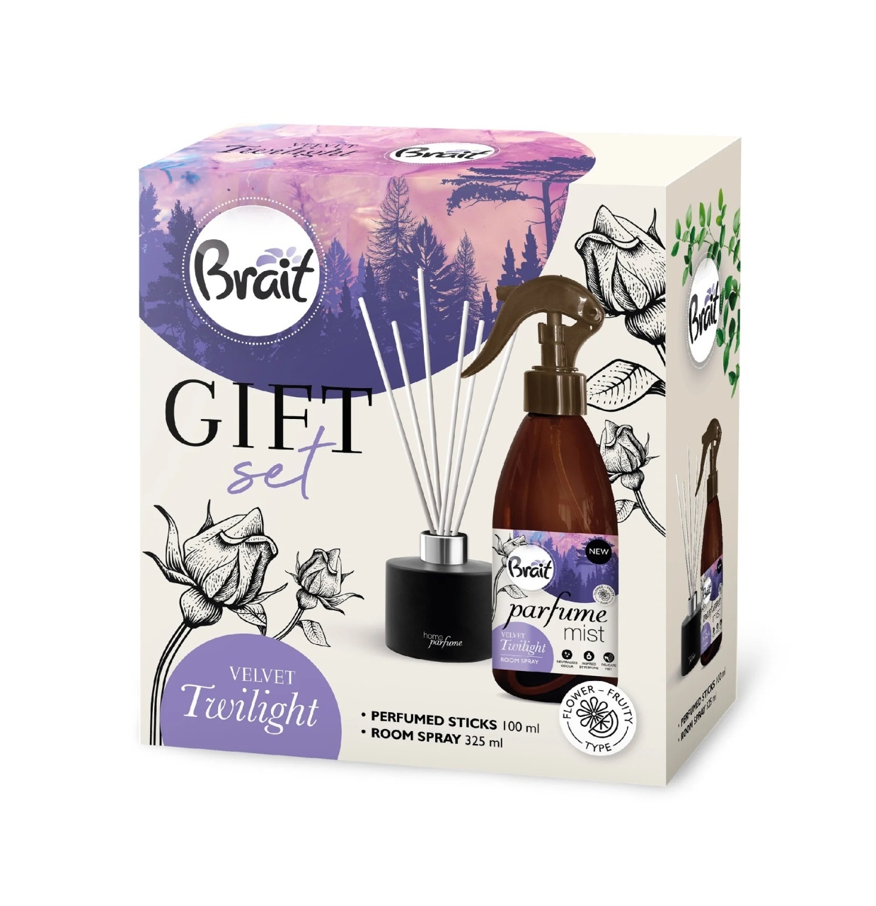 Set Velvet Twilight 100 ml bețișoare parfumate + 325 ml spray parfumat pentru camera, Brait