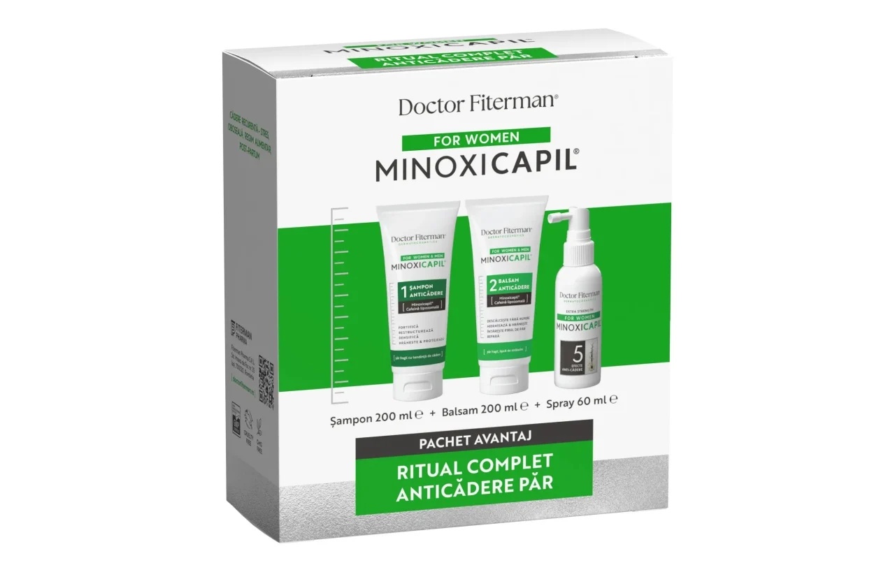 Pachet Spray impotriva caderii parului pentru femei Minoxicapil, 60ml + Sampon impotriva caderii parului Minoxicapil, 200ml + Balsam de par