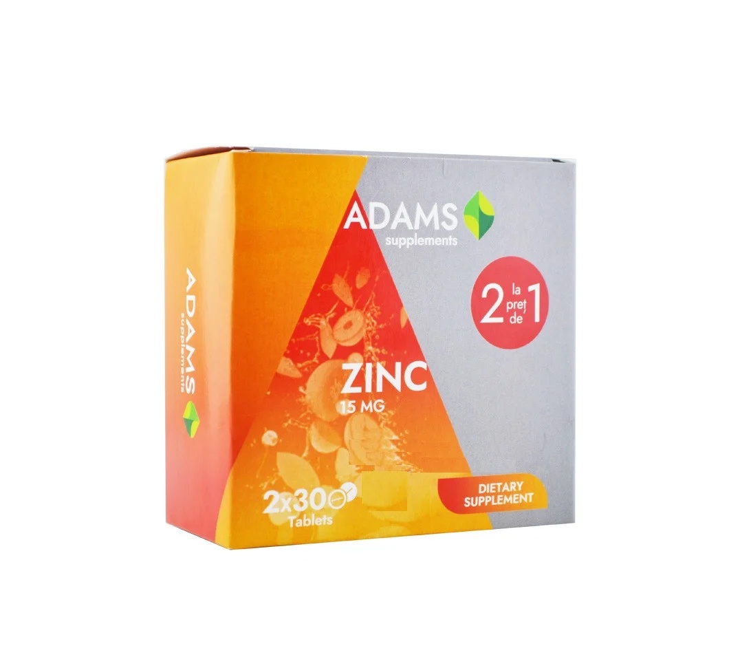 Pachet Zinc 15mg, 30+30 tablete, Adams Proprietati: