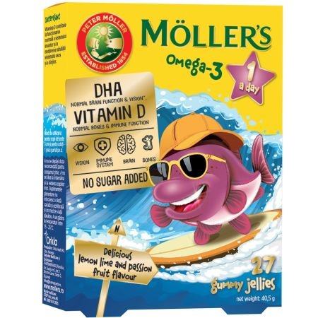 Pestisori gumati cu Omega-3 si aroma de lamaie verde si fructul pasiunii, 27 jeleuri, Moller's