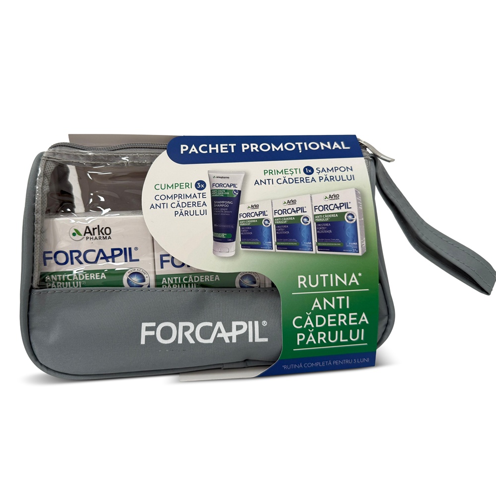 Pachet Forcapil Anti-Căderea Părului 3x30 comprimate + Șampon Anti-Căderea Părului Forcapil 200 ml, Arkopharma