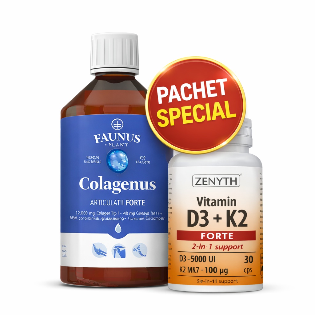 Pachet Special Sănătatea Articulațiilor: Colagenus Articulații Forte 500ml + Vitamin D3 + K2 Forte 30 cps