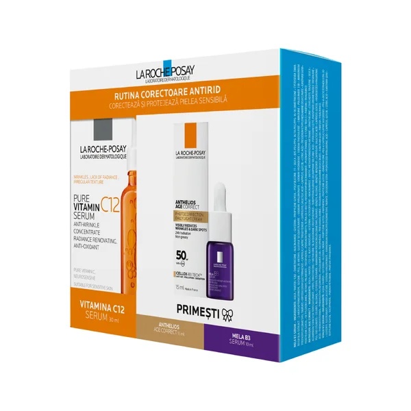 Pachet Vitamina C12 Serum 30 ml + Anthelios Age Correct SPF50 15 ml + Mela B3 Serum 10 ml, La Roche-Posay