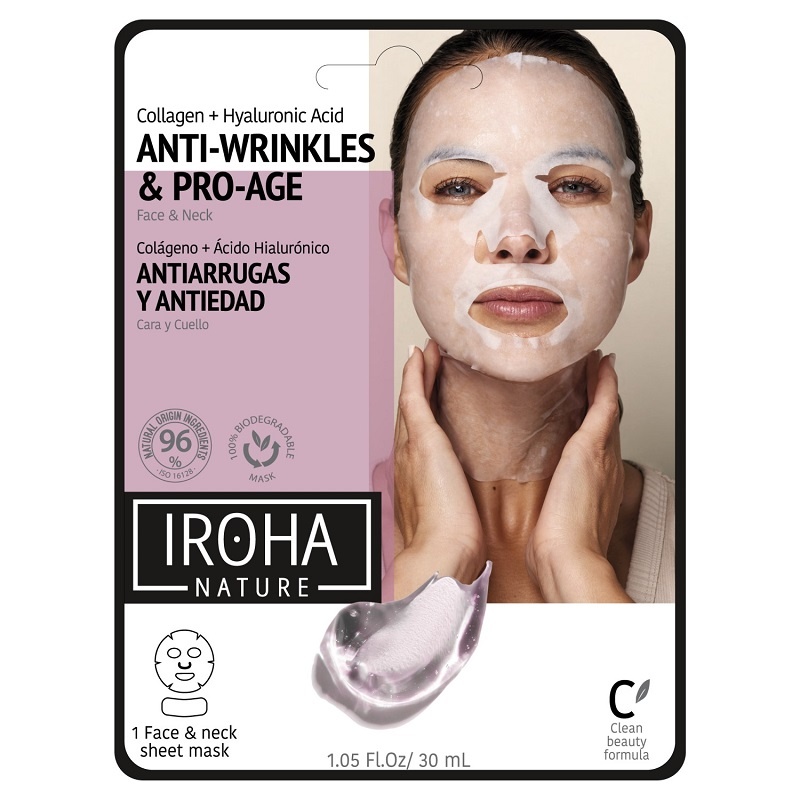 Masca anti-imbatranire pentru fata si gat cu acid hialuronic si colagen, 30 ml, Iroha