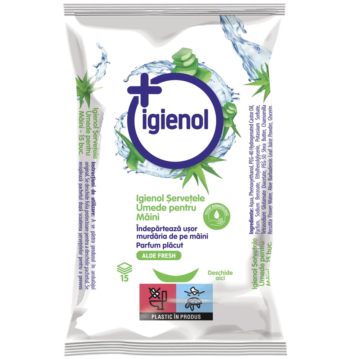 Servetele umede pentru maini, 15 bucati, aloe vera, Igienol