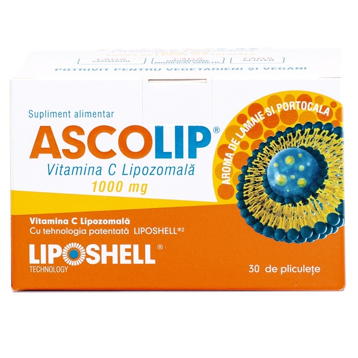 Vitamina C Lipozomala Ascolip cu aroma de portocale, 1000 mg, 30 plicuri, Liposhell