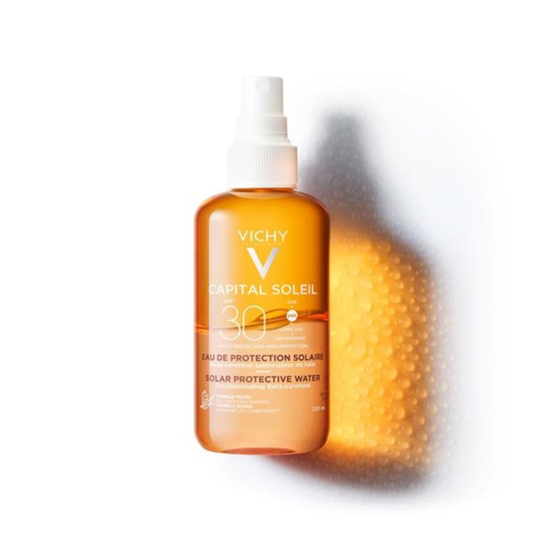Apa de protectie solara SPF 30 cu beta-caroten pentru fata si corp Capital Soleil, 200 ml, Vichy