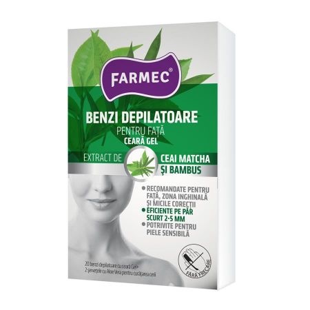 Benzi depilatoare pentru fata cu ceara-gel cu matcha si bambus, 2x 10 bucati, Farmec