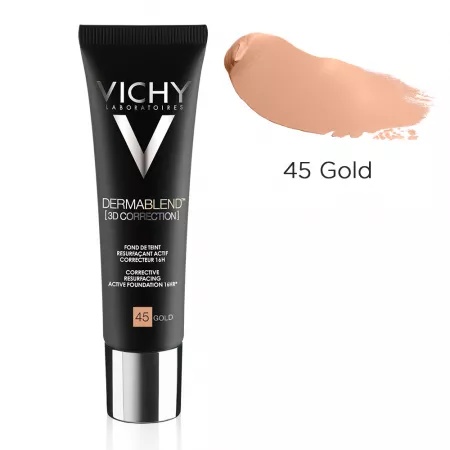 Fond de ten corector pentru ten gras cu tendinta acneica Nuanta 45 Gold Dermablend 3D Correction, 30 ml, Vichy Proprietati: