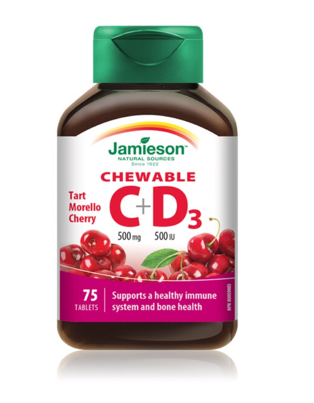 Vitamina C 500 mg + Vitamina D3 500 UI cu aroma de cirese, 75 comprimate masticabile, Jamieson