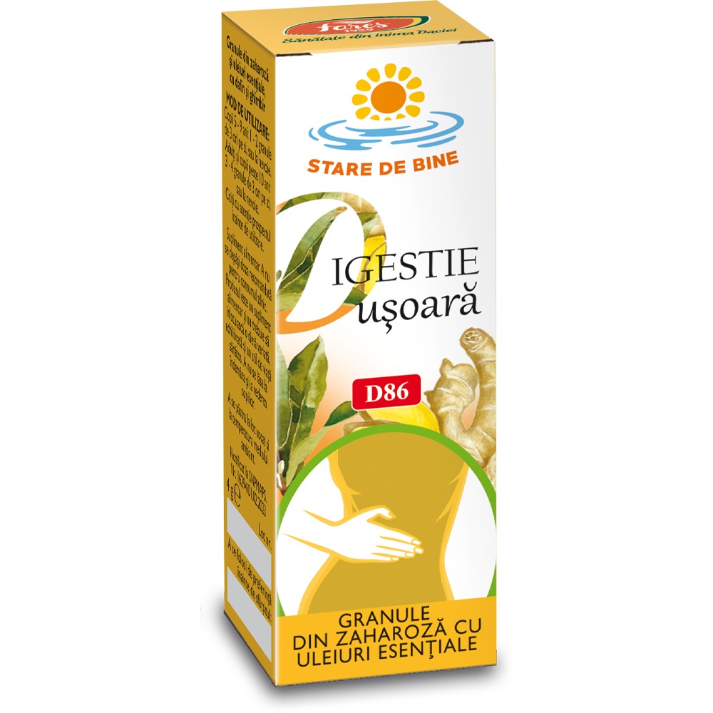 Digestie usoara D86, granule din zaharoza cu uleiuri esentiale, 4g, Fares