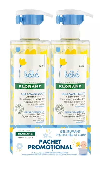 Gel spumant pentru par si corp, 500ml, 2 bucati, pachet promo, Klorane Bebe