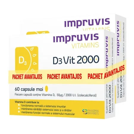 Pachet Impruvis Vitamins D3Vit 2000, 2 × 60 capsule moi, Pharma Brands