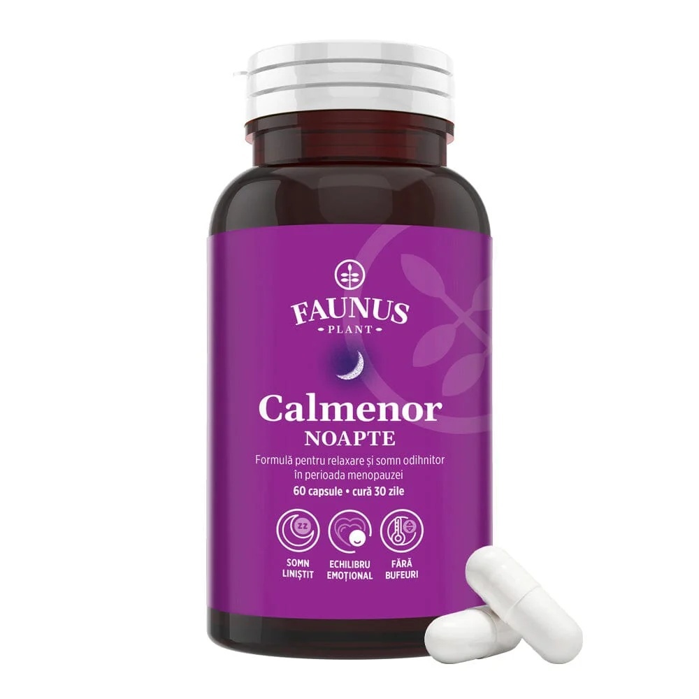 Calmenor Noapte – Formula naturala cu plante, vitamine și melatonina pentru somn odihnitor si confort in menopauza, 60 capsule, Faunus Plant