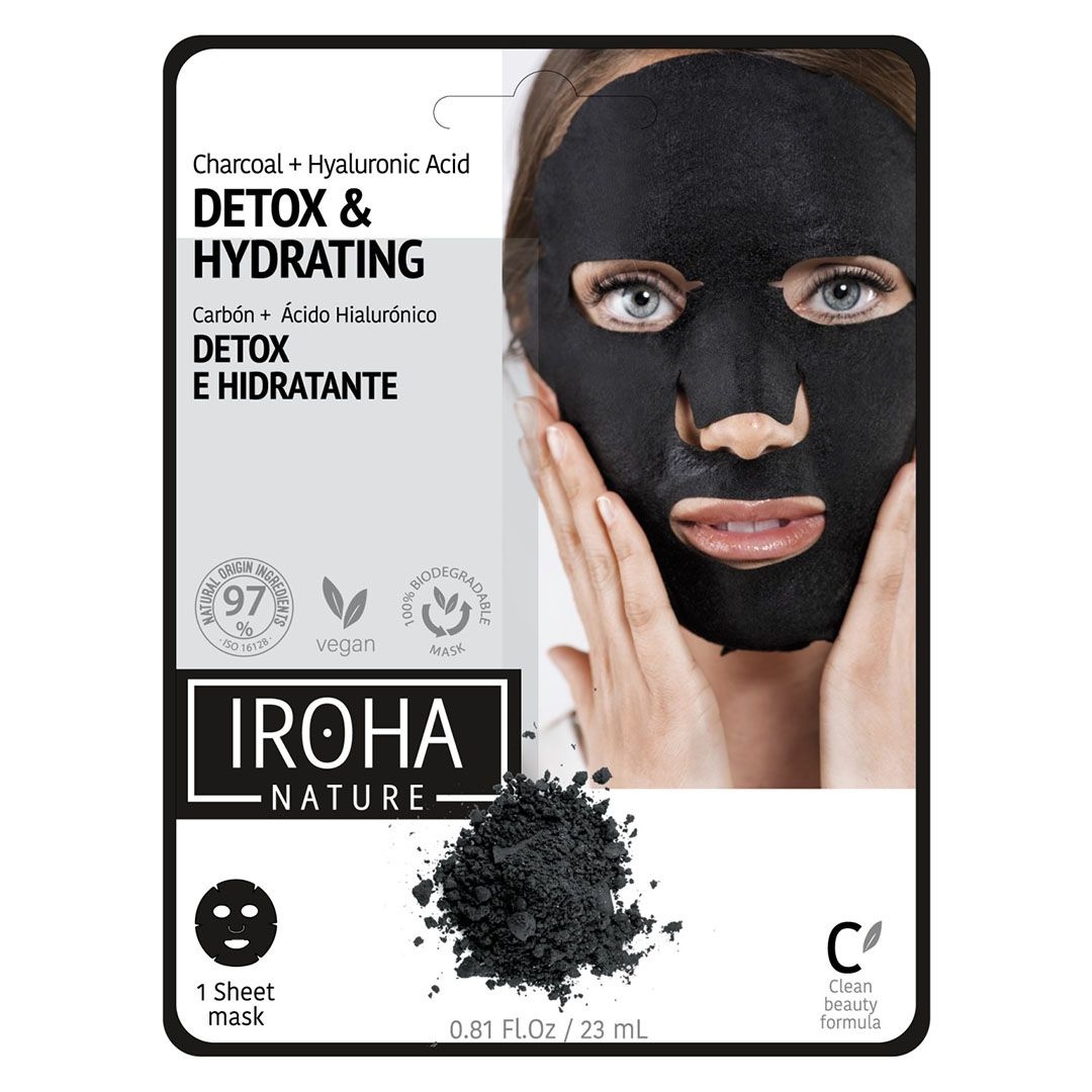 Masca textilă detoxifiantă anti-imperfecțiuni cu cărbune și acid hialuronic, 23 ml, Iroha