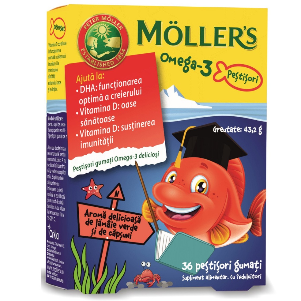 Pestisori gumati Omega-3 cu aroma de lamaie verde si capsuni, 36 jeleuri, Moller's