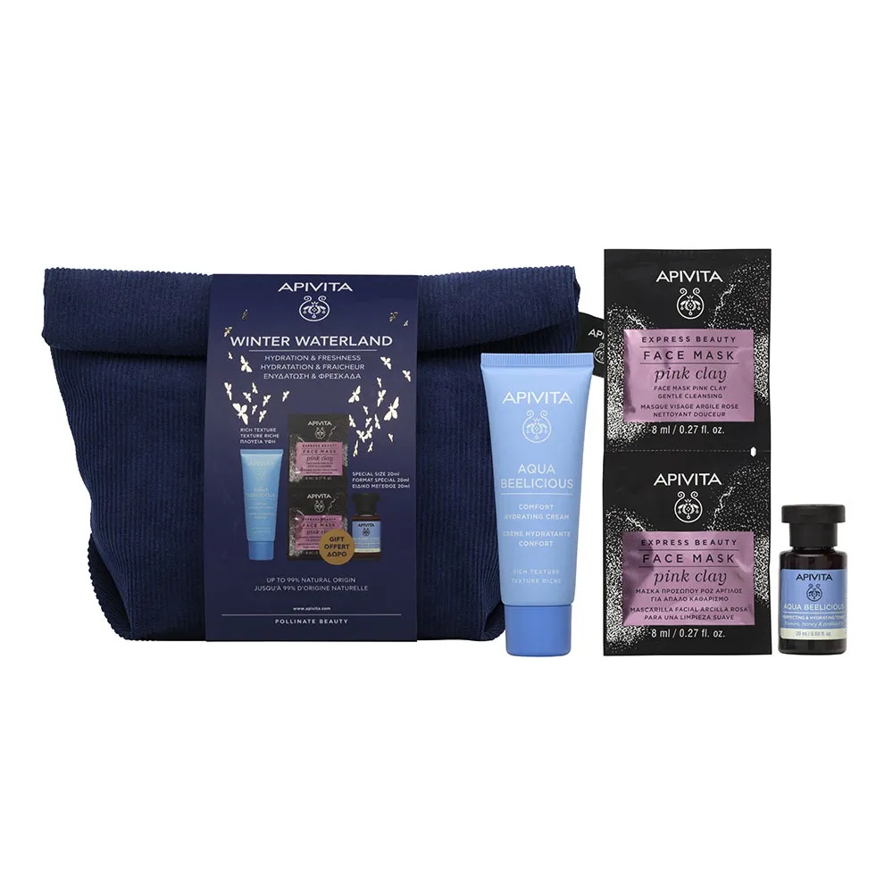Set Crema Hidratanta 40 ml + Lotiune Tonica 20 ml + Masca cu Argila Roz 2 x 8 ml, Aqua Beelicious, Apivita
