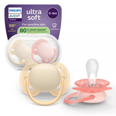 Suzetă Ultra Soft, Roz/Portocaliu, 0–6 luni, SCF091/38, 2 bucăți, Philips Avent