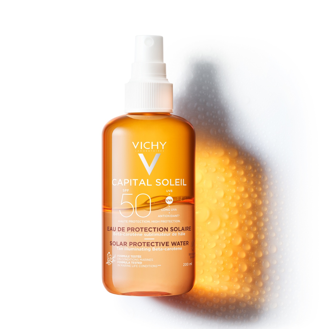 Apa cu protectie solara SPF 50 cu beta-caroten pentru fata si corp Capital Soleil, 200 ml, Vichy