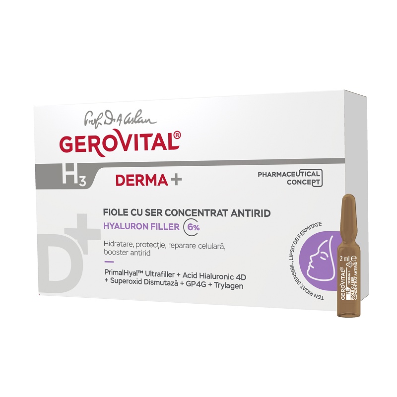 Fiole cu ser concentrat antirid H3 Derma+, 10 fiole, Gerovital