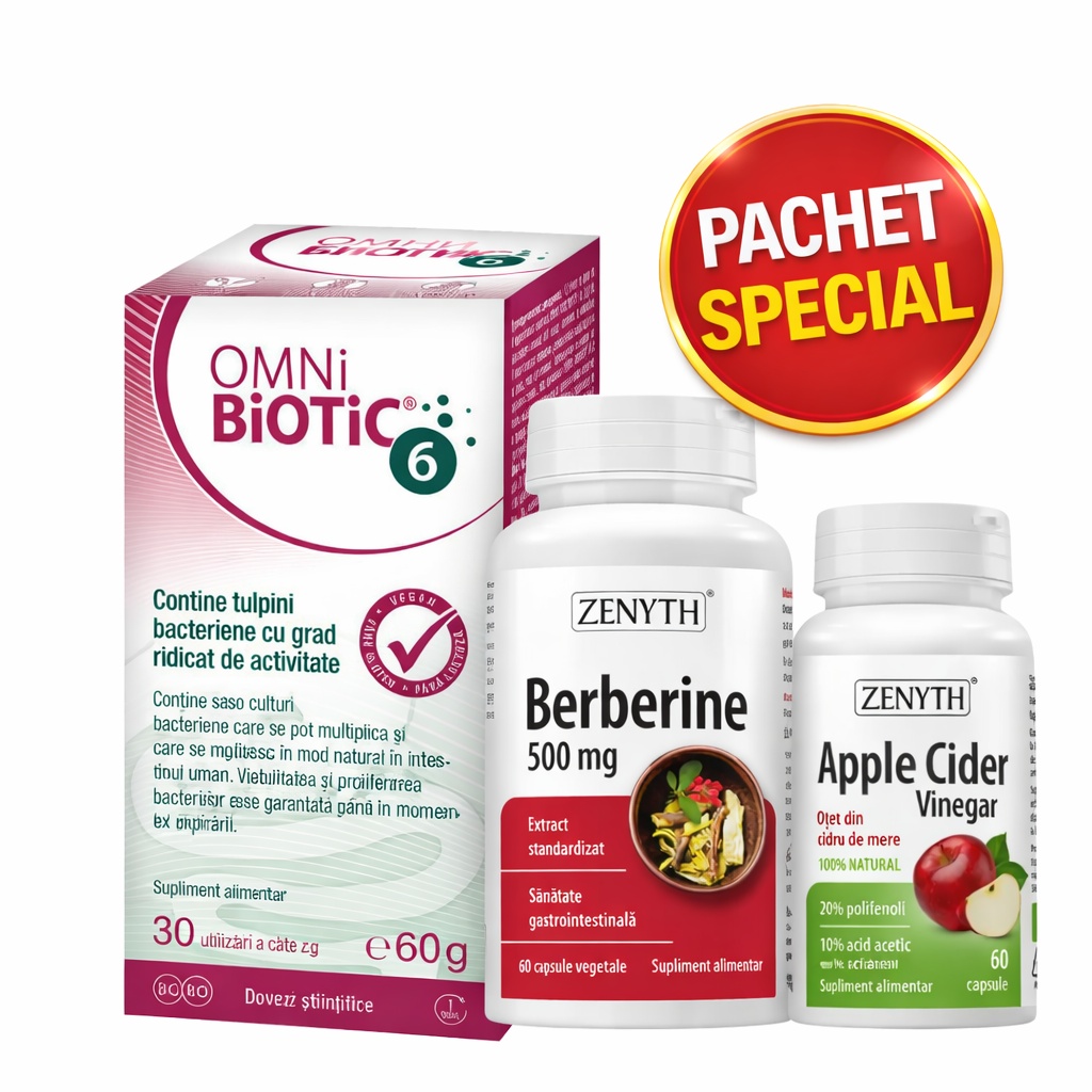 Pachet Echilibru și Digestie: Berberină + Oțet din Cidru de Mere + OmniBiotic 6