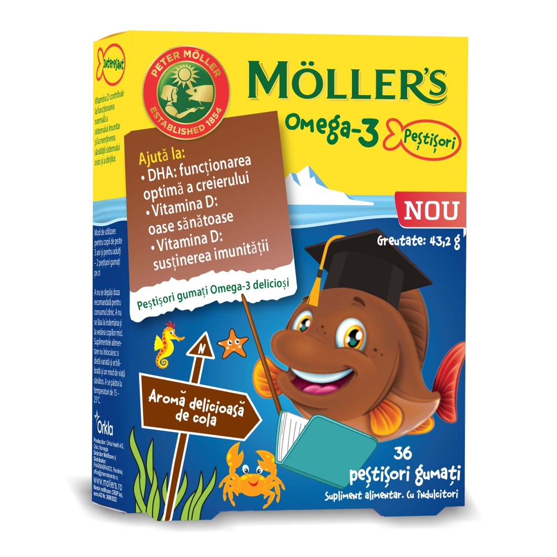 Pestisori gumati Omega-3 cu aroma de cola, 36 jeleuri, Moller's