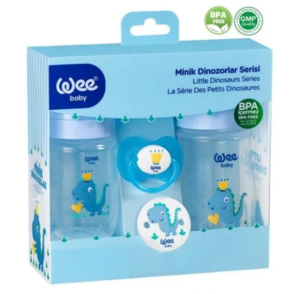 Set biberon si suzeta Dino albastru, cod 197, 1 bucata, Wee Baby