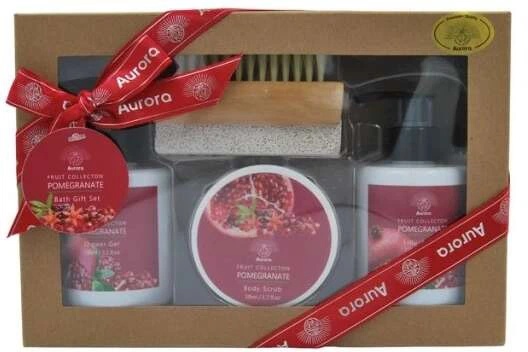 Set cosmetice Exotic Crush Rodie gel de dus 150 ml, sapun lichid 150 ml, exfoliant 50 si perie, Aurora