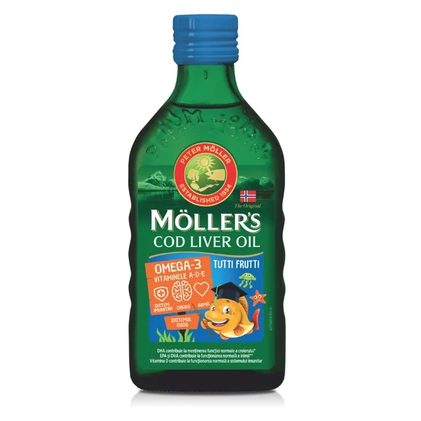 Ulei din ficat de cod cu aroma de Tutti Frutti, 250ml, Moller's