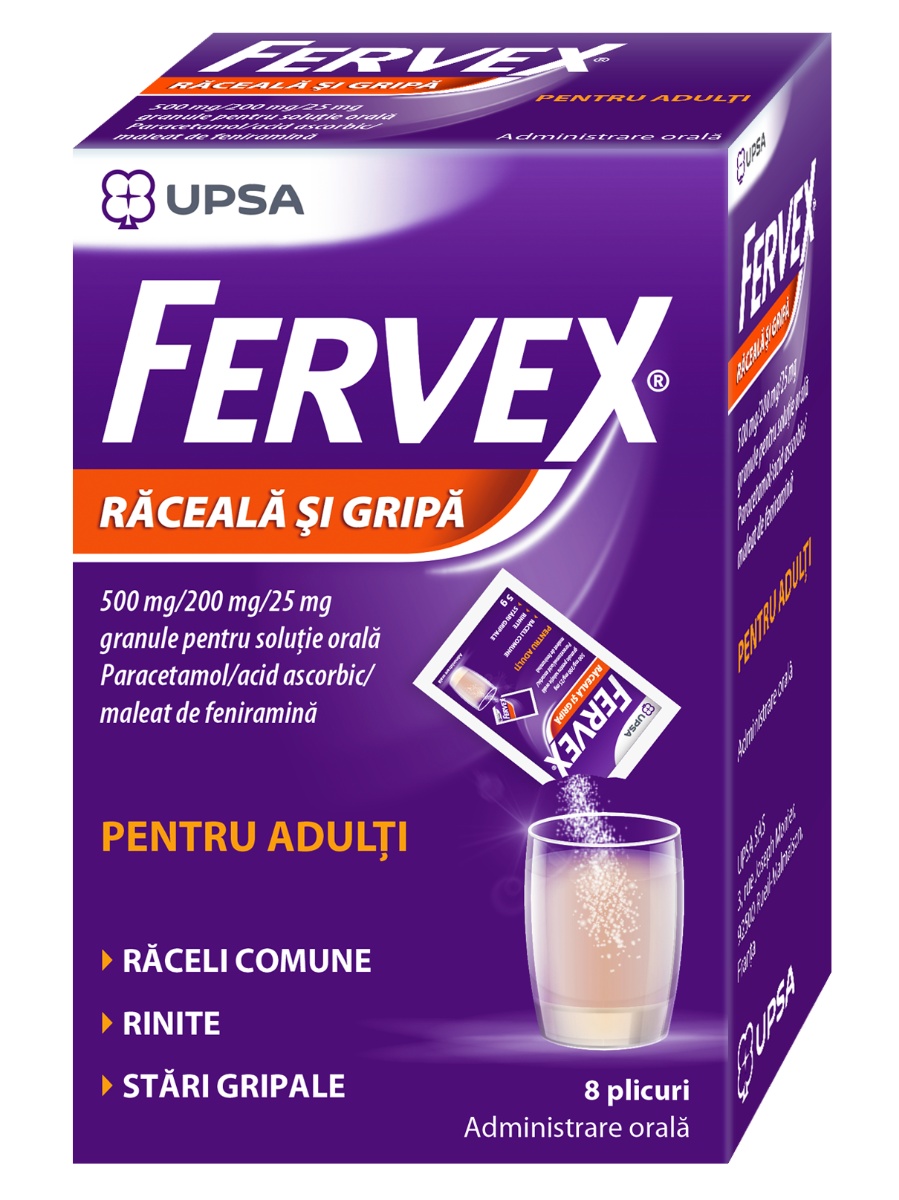 Fervex raceala si gripa pentru adulti, 500mg/200mg/25mg, 8 plicuri, Upsa