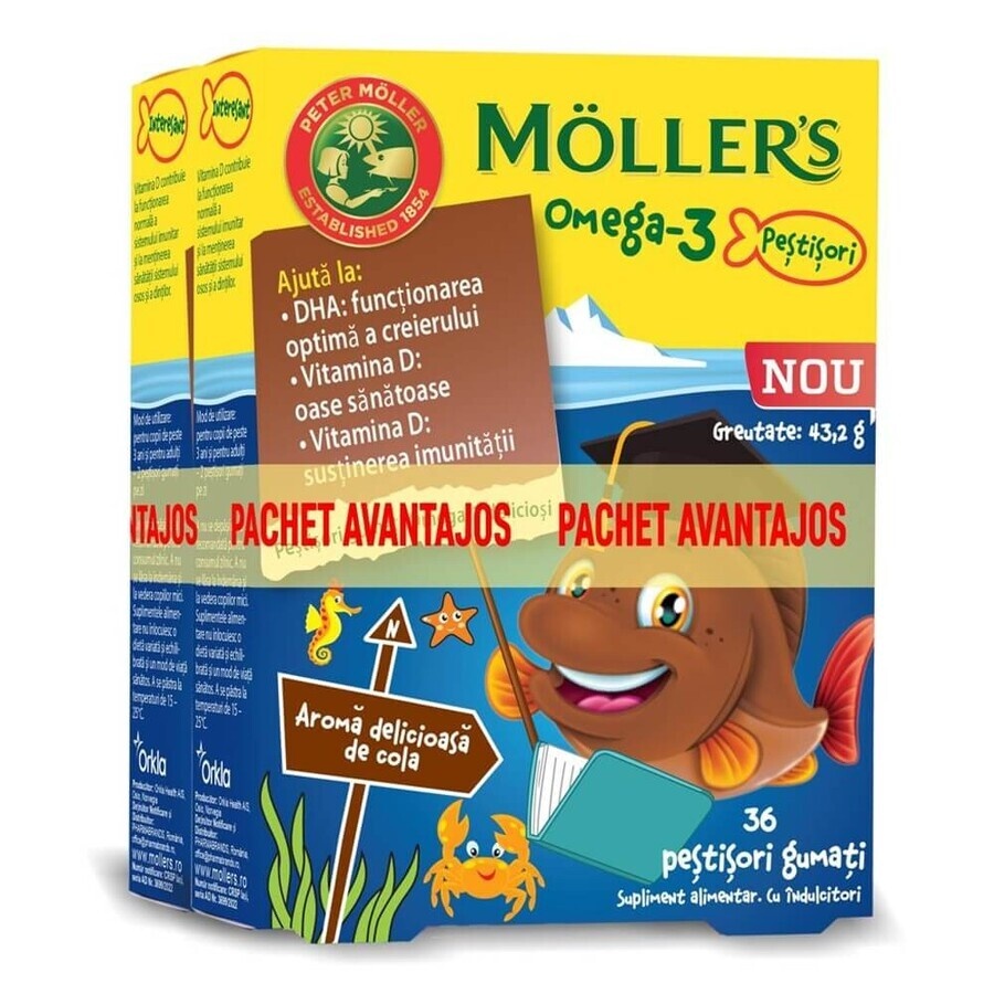 Pachet Pestisori gumati cu Omega-3 si aroma de cola, 36+36 jeleuri, Moller's