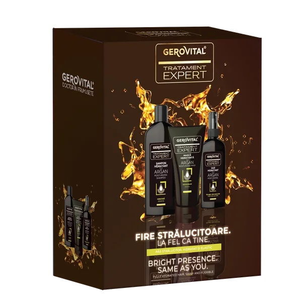 Pachet Sampon hidratant cu argan 250ml + Masca hidratanta cu argan 150ml + Ulei hidratant pentru par 100ml, Gerovital 4467