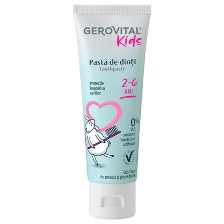 Pasta de dinti pentru copii cu aroma de zmeura, 2-6 ani, 50ml, 750, Gerovital Kids