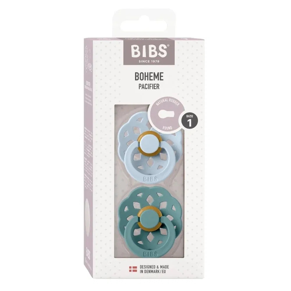Set 2 suzete Boheme din latex, tetină rotundă, 0 luni+, 230130 Baby Blue/Island Sea, Bibs