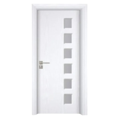 Usa Interior din MDF Novo Doors ND319, Cadru din Lemn Masiv, Geam Sablat, KIT COMPLET, Toc , Manere si balamale incluse (Culoare: Alb, Dimensiune: 70 cm, Maner: Patrat argintiu crom, Toc: Reglabil 30 cm)