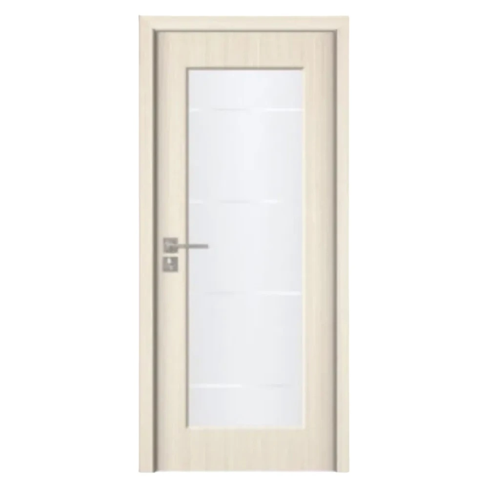 Usa Interior din MDF Novo Doors ND110-1, Cadru din Lemn Masiv, Geam Sablat, KIT COMPLET, Toc , Manere si balamale incluse (Culoare: Crem, Dimensiune: 60 cm, Toc: Fix, Maner: Patrat auriu inchidere magnetica)