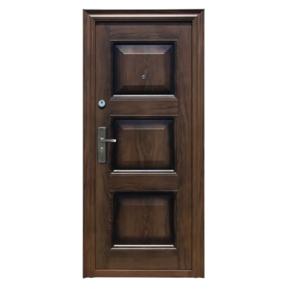 Usa metalica de exterior cu izolatie si vizor Novo Doors ND7002 , 2 yale,tabla 0,7 mm, balamale si clanta incluse, toc de 7 centimetri, pentru casa si apartament, Maron (Sens deschidere: Dreapta)