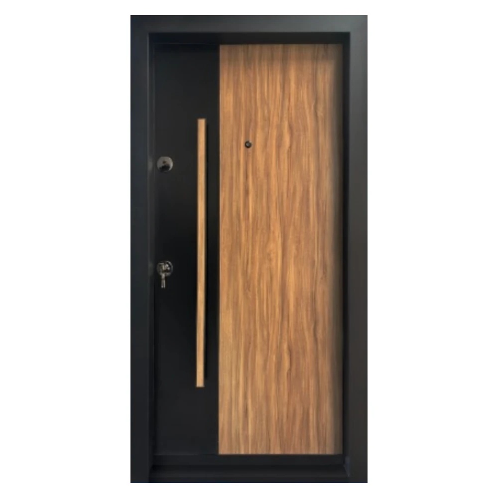 Usa metalica de exterior cu izolatie si vizor Novo Doors NDA3, Din compozit, 2 yale, Kit complet, Pentru case, Negru perlat cu stejar deschis (Sens deschidere: Dreapta)