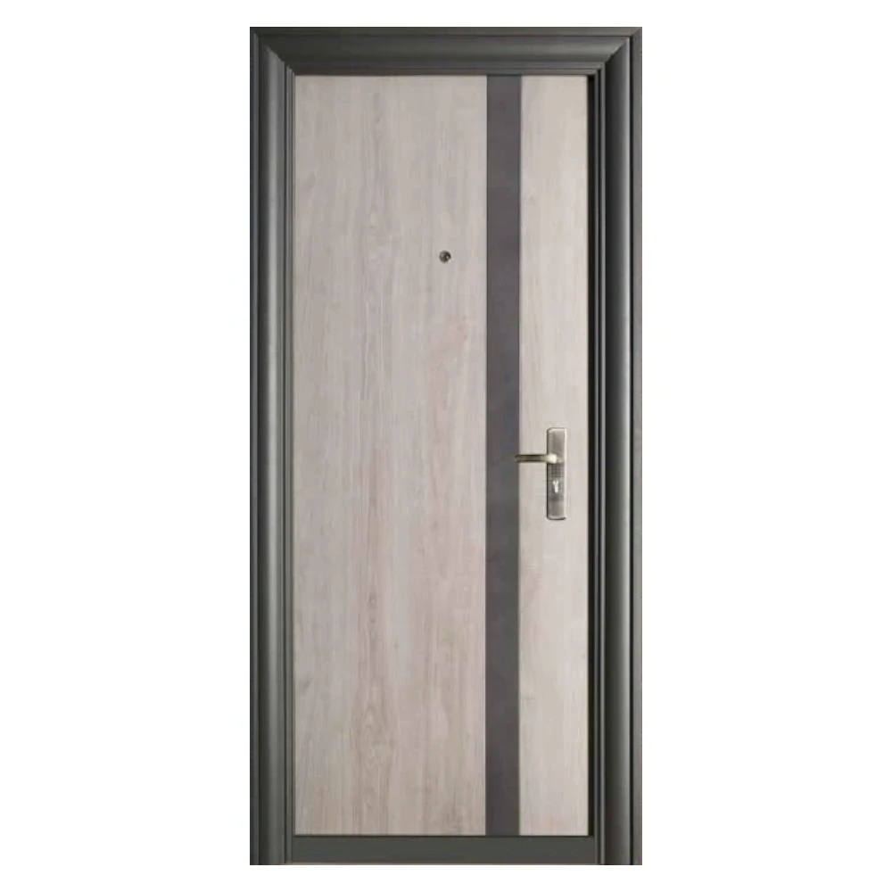 Usa metalica de exterior cu izolatie si vizor Novo Doors NDFC7008 , 2 yale,tabla 0,7 mm, balamale si clanta incluse, toc de 7 centimetri, pentru casa si apartament, Gri antracit cu insertie Stejar (Sens deschidere: Dreapta)