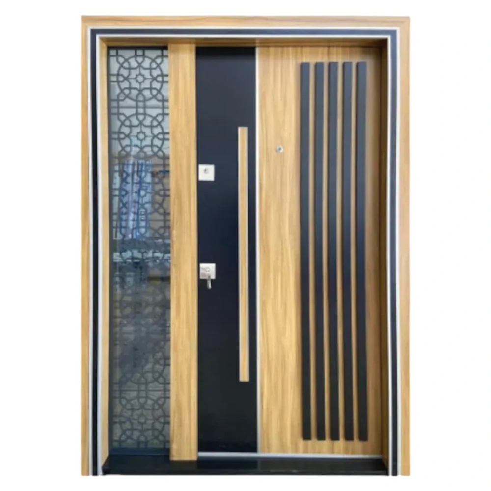 Usa metalica dubla de exterior cu izolatie si vizor Novo Doors NDS1000, Din compozit, 2 yale, Kit complet, Pentru case (Culoare: Stejar Deschis, Sens deschidere: Dreapta)
