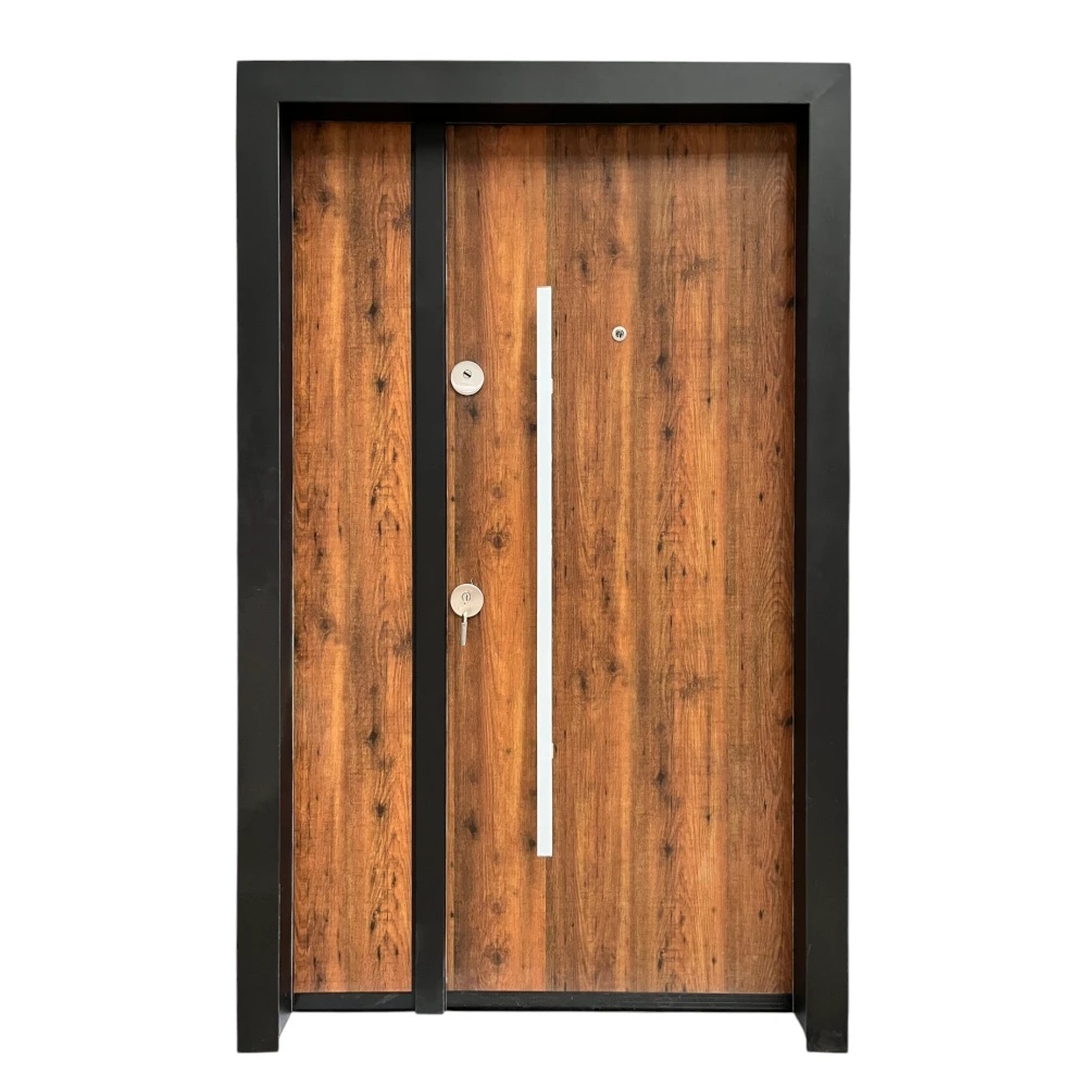 Usa metalica dubla de exterior cu izolatie si vizor Novo Doors NDS1200, Din compozit, 2 yale, Kit complet, Pentru case (Culoare: Stejar Auriu, Dimensiune: 120 cm, Sens deschidere: Dreapta)