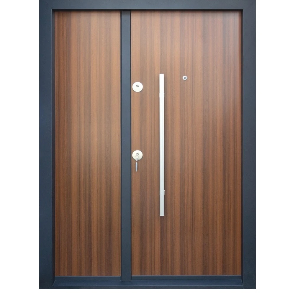 Usa metalica dubla de exterior cu izolatie si vizor Novo Doors NDS1400, Din compozit, 2 yale, Kit complet, Pentru case (Culoare: Nuc, Sens deschidere: Dreapta)